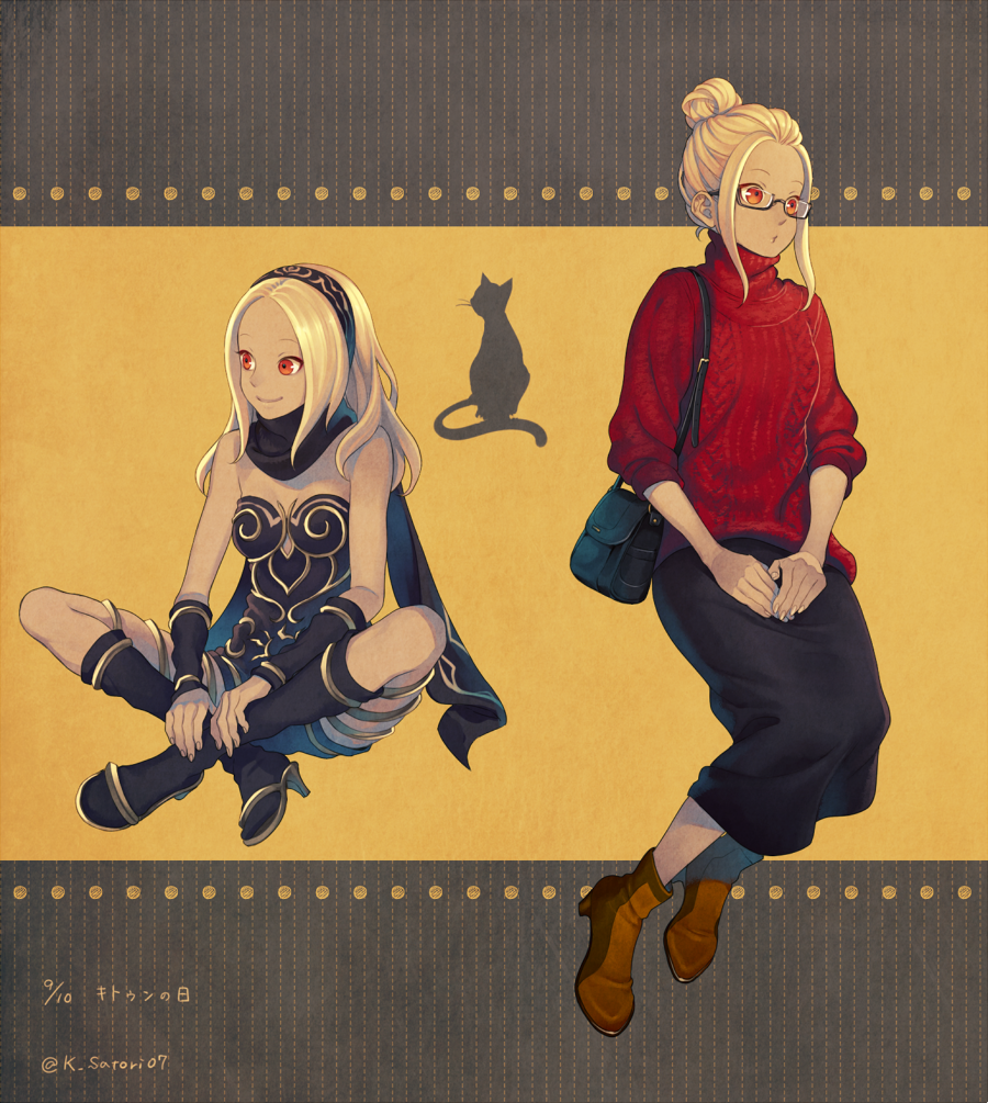 1girl, animal, bare_shoulders, blonde_hair, breasts, cat, dark_skin, dress