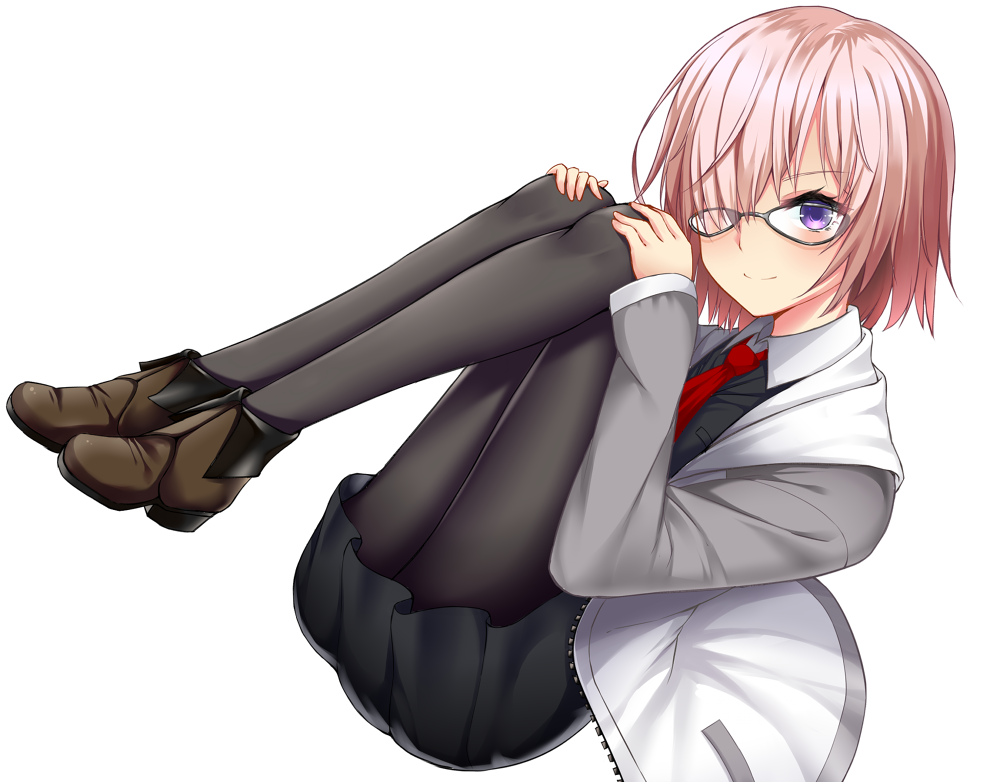 black-framed_eyewear, black_dress, black_legwear, brown_shoes, cardigan, dress, fate/grand_order, fate_(series), full_body, grey_sweater, hair_over_one_eye, hands_on_own_knees, looking_at_viewer, necktie, open_cardigan, open_clothes, pantyhose, pink_hair, red_necktie, shielder_(fate/grand_order), shimo_(shimo_00), shoes, short_dress, short_hair, smile, unzipped, violet_eyes