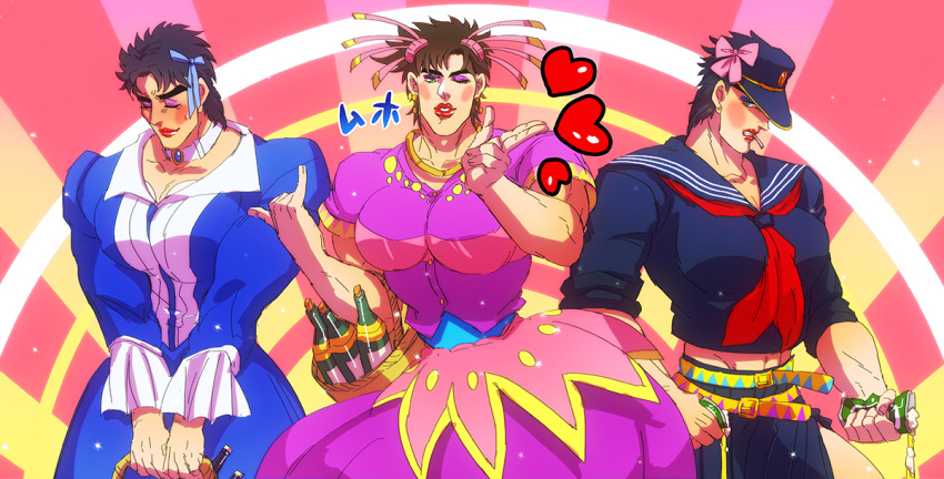 3boys, awa_suna, basket, battle_tendency, beer_can, black_hair, blue_hair, bottle