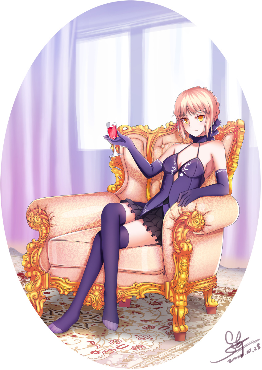 1girl, absurdres, artoria_pendragon_(all), black_skirt, blonde_hair, breasts, cleavage, cup, cutout, dated, dress, drinking_glass, elbow_gloves, fate/hollow_ataraxia, fate_(series), gloves, hair_ribbon, halterneck, highres, holding, holding_drinking_glass, holding_glass, indoors, legs_crossed, looking_at_viewer, medium_breasts, miniskirt, purple_gloves, purple_legwear, purple_ribbon, purple_shirt, qq1065091829, ribbon, saber_alter, shirt, short_hair, sideboob, signature, sitting, skirt, sleeveless, sleeveless_dress, sleeveless_shirt, solo, thigh-highs, white_background, yellow_eyes, zettai_ryouiki