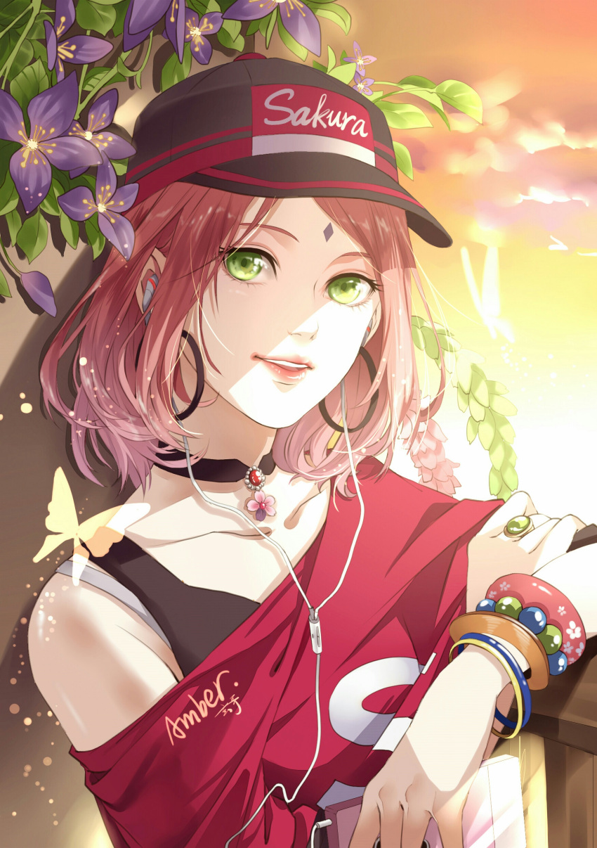 1girl, absurdres, black_hat, bra, bracelet, cellphone, character_name, collarbone, earphones, earrings, green_eyes, grey_bra, haruno_sakura, hat, highres, holding, holding_phone, jewelry, looking_at_viewer, naruto, necklace, off_shoulder, outdoors, parted_lips, phone, pink_hair, purple_flower, red_shirt, ring, shi_er_xian, shirt, short_hair, smartphone, smile, solo, underwear, upper_body, visor_cap