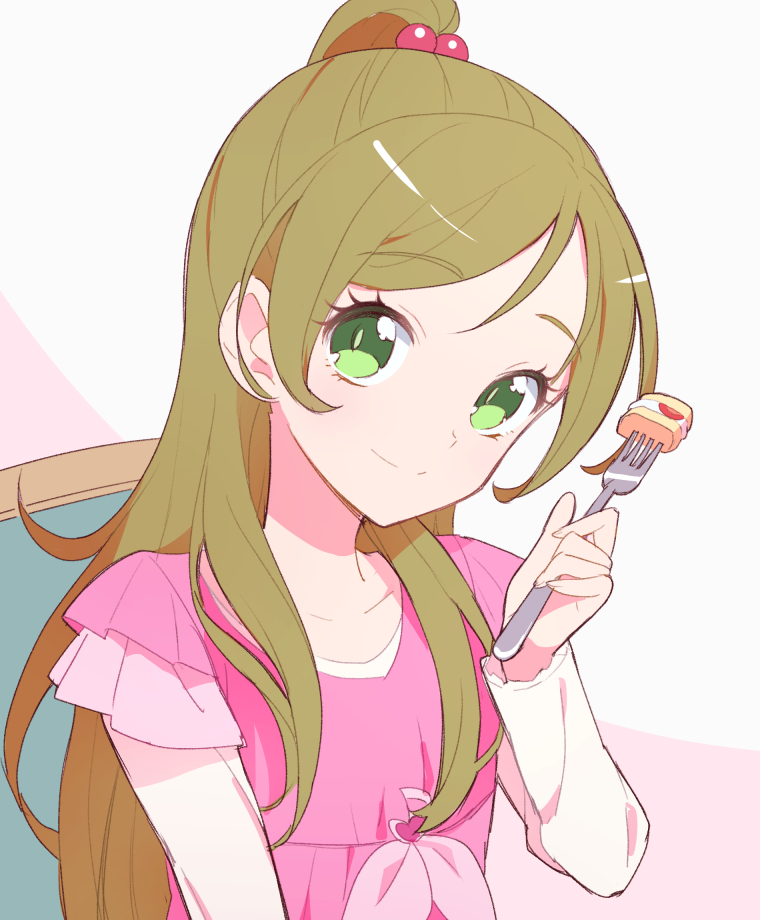 1girl, brown_hair, cae, collarbone, eyebrows_visible_through_hair, green_eyes, hair_bobbles, hair_ornament