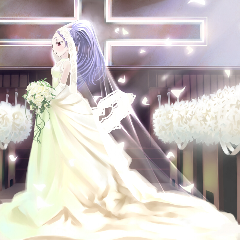 bride, darker_than_black, dress, flower, kotetsu_motoya, petals, ponytail, wedding