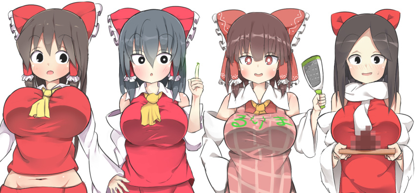4girls, akabeco, apron, black_eyes, black_hair, blush, bow, breasts