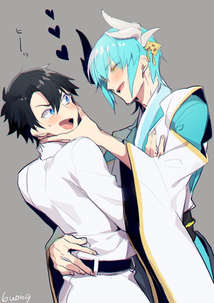 2boys, 846kazuya, aqua_hair, arm_around_waist, black_hair, blue_eyes, fate/grand_order, fate_(series)