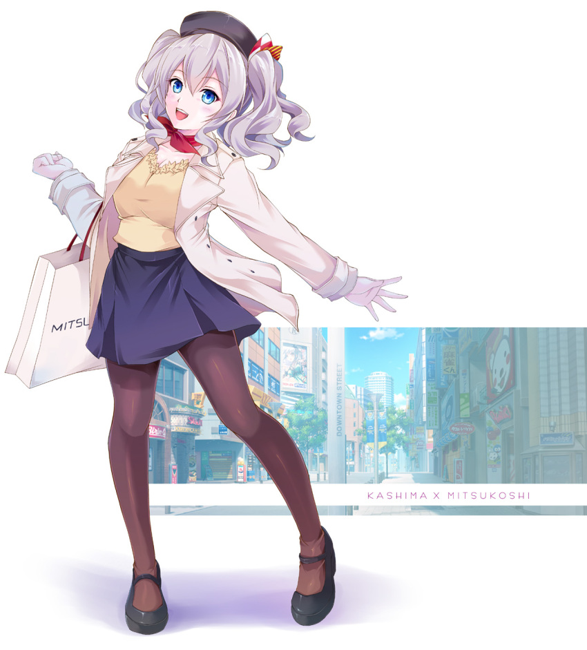 1girl, alternate_costume, beret, black_legwear, blue_eyes, breasts, cleavage, full_body, hat, highres, kantai_collection, kashima_(kantai_collection), long_hair, map_(blue_catty), mitsukoshi_(department_store), pantyhose, silver_hair, solo, tsurime, twintails, wavy_hair