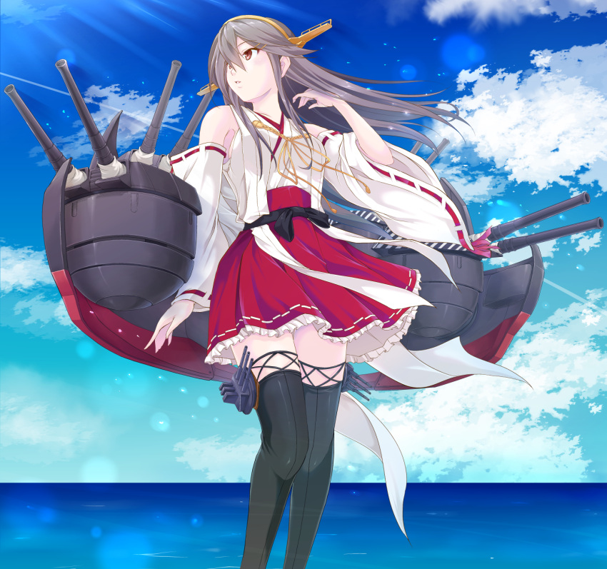 1girl, bare_shoulders, black_hair, boots, brown_eyes, detached_sleeves, hair_ornament, hairband, hairclip, haruna_(kantai_collection), headgear, highres, japanese_clothes, kantai_collection, long_hair, map_(blue_catty), nontraditional_miko, remodel_(kantai_collection), ribbon-trimmed_sleeves, ribbon_trim, skirt, solo, thigh-highs, thigh_boots, wide_sleeves