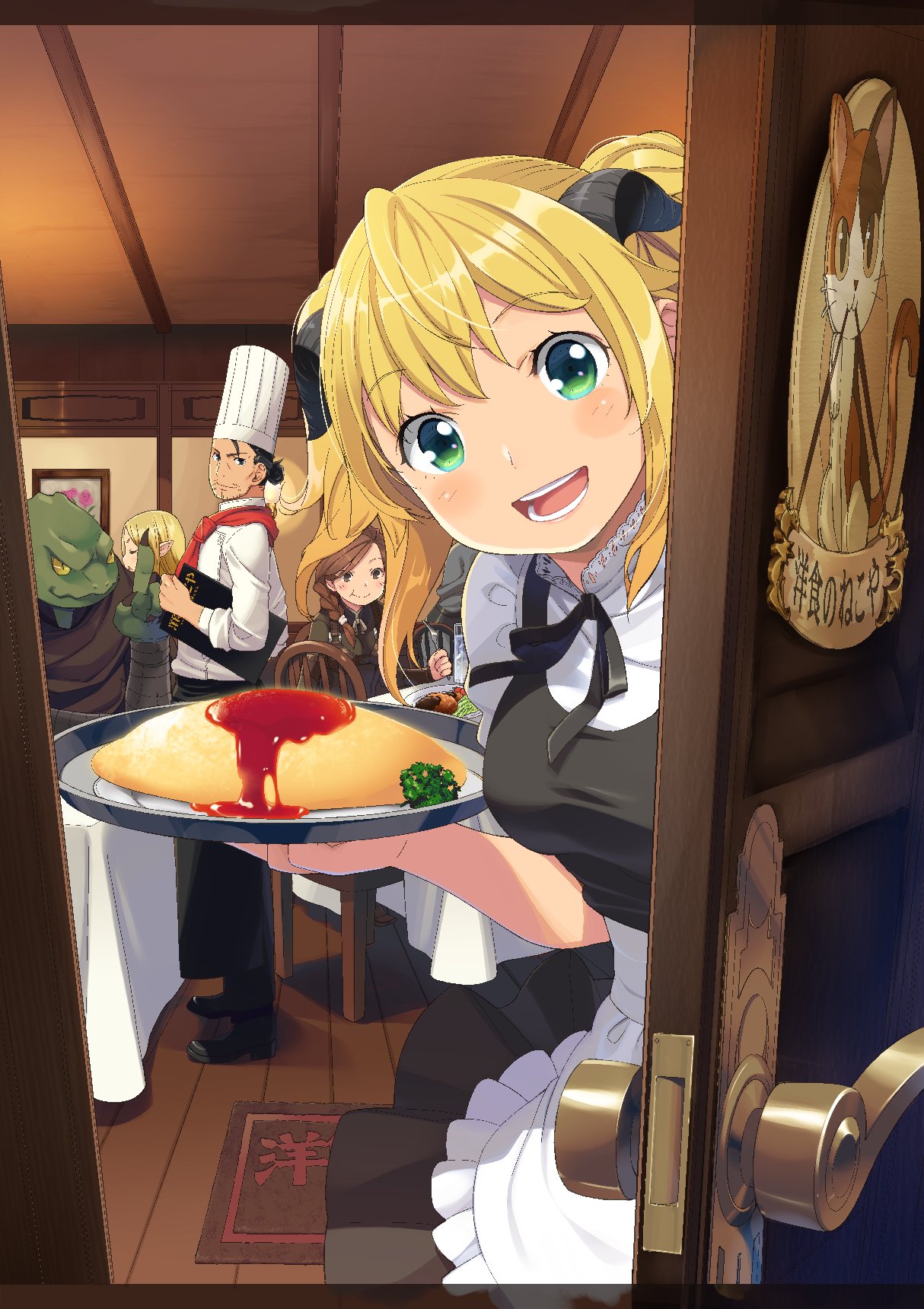 2boys, 3girls, :d, :t, aletta, apron, black_dress, black_pants