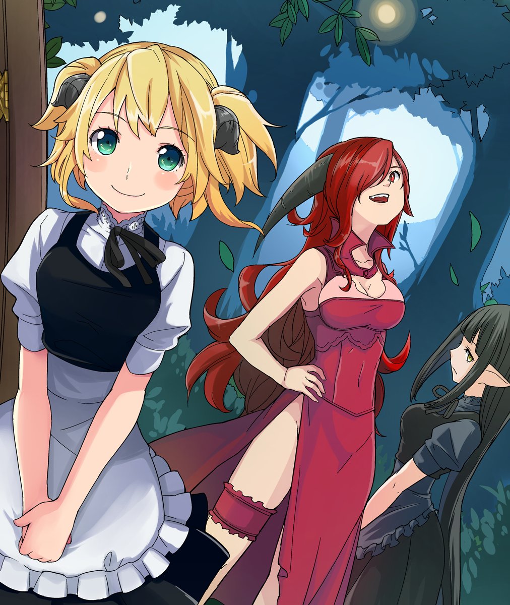 3girls, :d, aka_no_joou, aletta, apron, armpits, bangs, black_dress