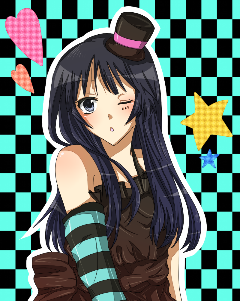 1girl, akiyama_mio, bad_id, black_eyes, black_hair, checkered, don't_say_"lazy", don't_say_lazy