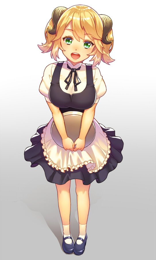 1girl, :d, aletta, apron, black_dress, black_footwear, black_ribbon, black_shoes