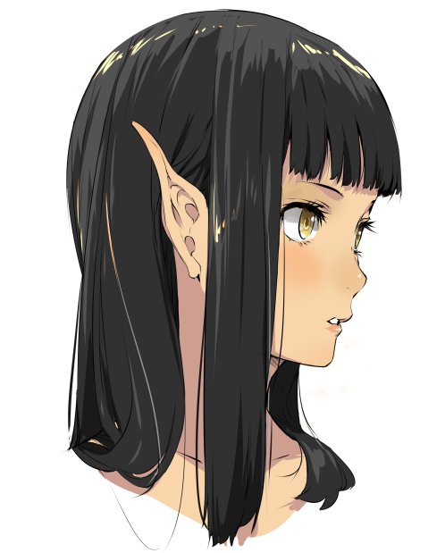 1girl, bangs, black_hair, blunt_bangs, collarbone, elf, enami_katsumi, expressionless