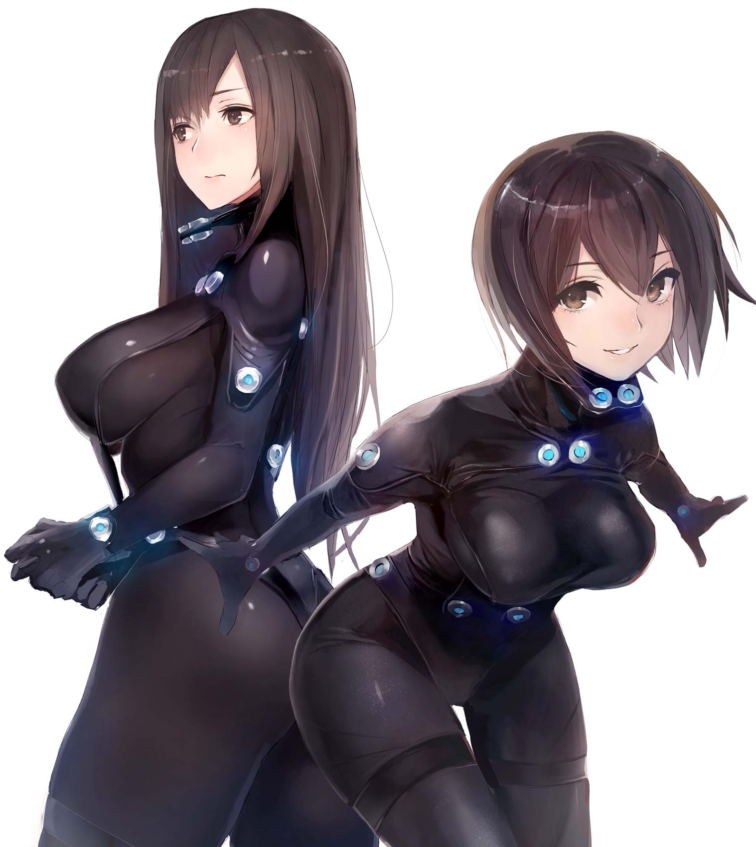 2girls, ass, bangs, black_bodysuit, blush, bodysuit, breasts, brown_eyes