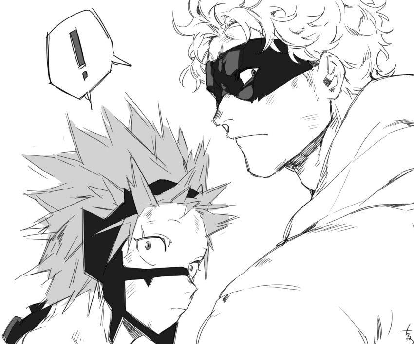 !, 2boys, boku_no_hero_academia, chikuwawa, domino_mask, fatgum, greyscale, kirishima_eijirou