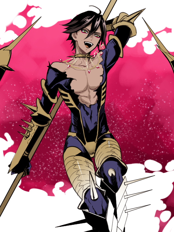1boy, black_hair, bodysuit, cape, collar, cosplay, dark_skin, dark_skinned_male, eyeliner, fate/grand_order, fate/prototype, fate/prototype:_fragments_of_blue_and_silver, fate_(series), fur_cape, jewelry, karna_(fate), karna_(fate)_(cosplay), makeup, male_focus, necklace, polearm, rider_(fate/prototype_fragments), solo, spear, spiked_collar, spikes, weapon, zuwai_kani