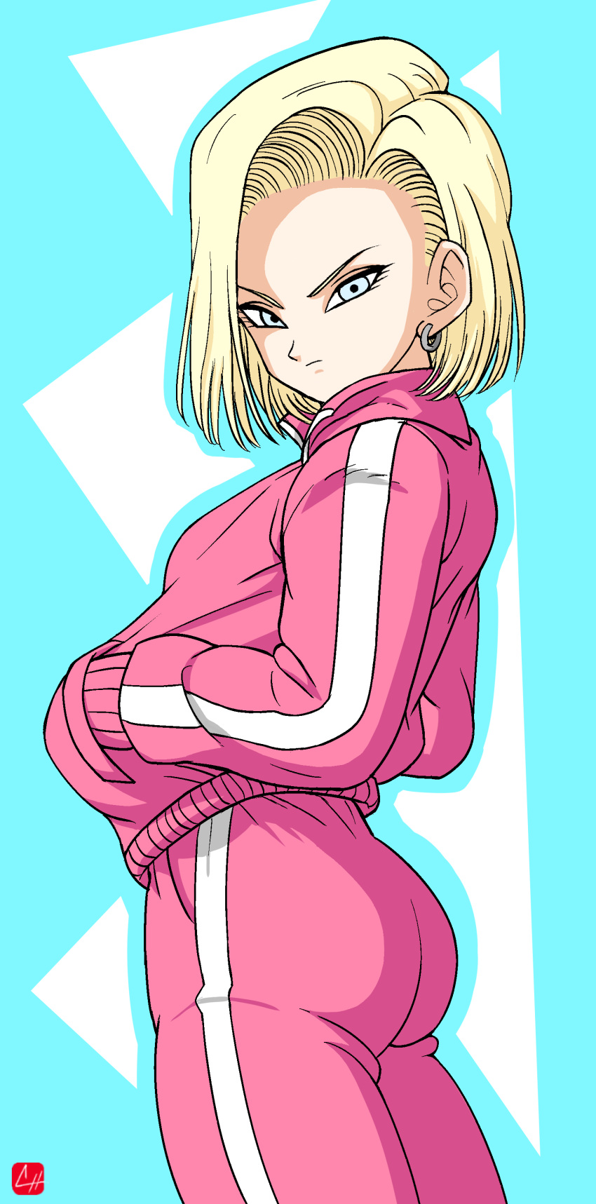 1girl, absurdres, alternate_costume, android_18, ass, blonde_hair, blue_background, blue_eyes, chris_re5, dragon_ball, earrings, hands_in_pockets, highres, jacket, jewelry, looking_at_viewer, pants, short_hair, simple_background, solo, track_jacket, track_pants