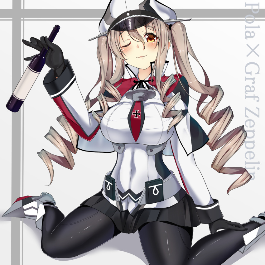 1girl, alternate_hairstyle, black_gloves, black_legwear, black_skirt, bottle, brown_eyes, brown_hair