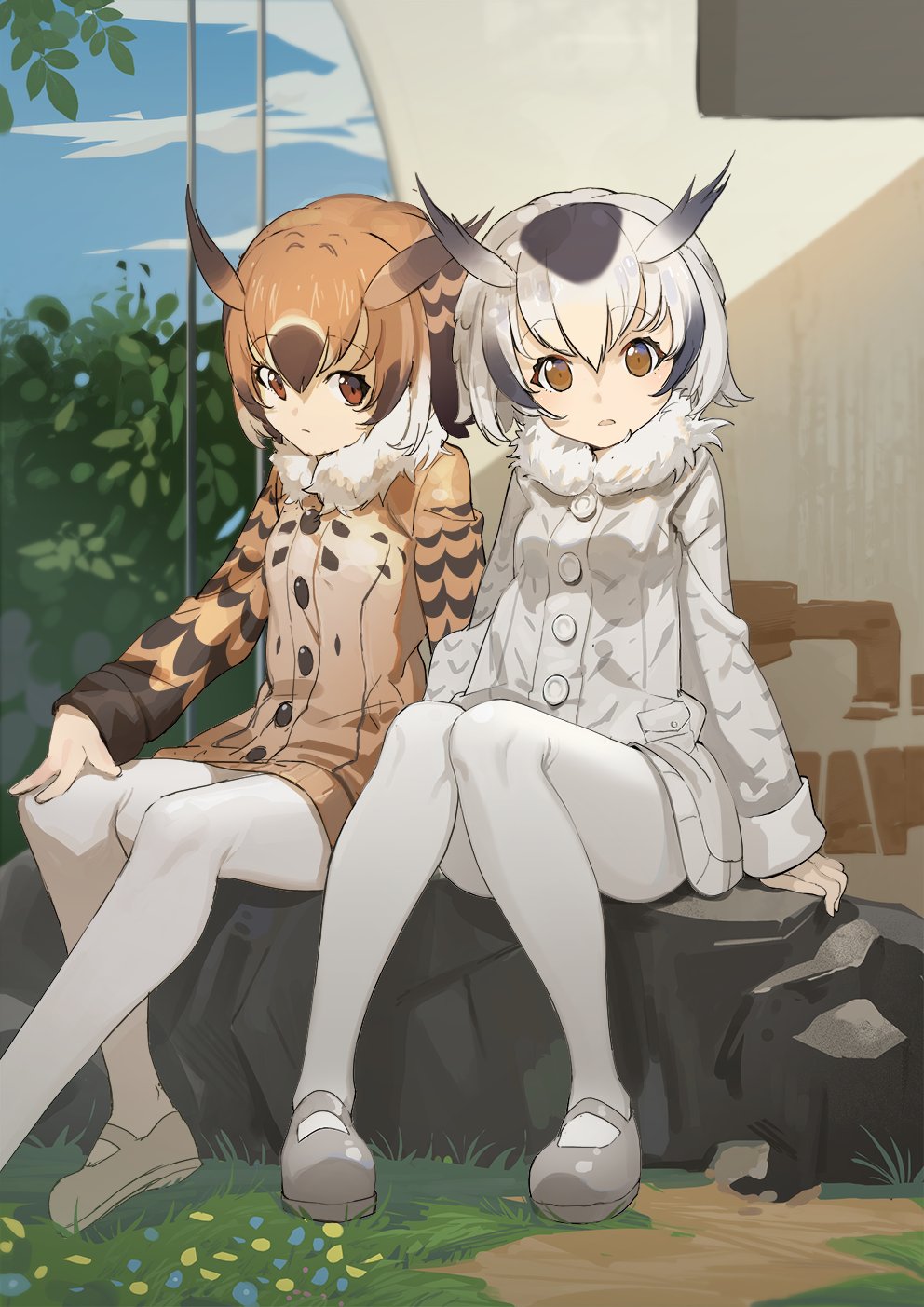 2girls, :/, :o, arm_support, beige_coat, beige_shoes, blonde_hair, blue_sky