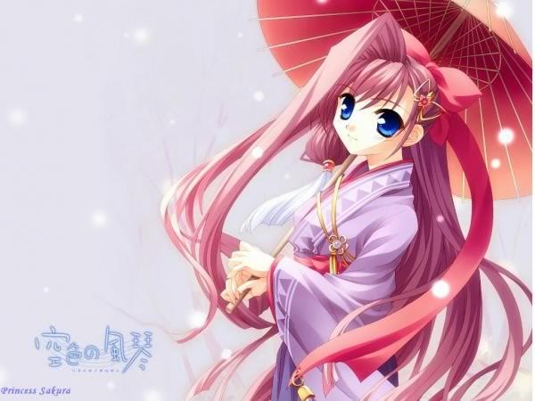 blue_eyes, chinese_umbrella, kimono, long_hair, princess_sakura, redhead, smile, tagme