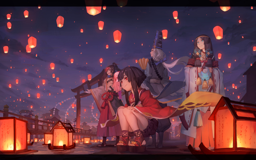 1girl, 2boys, 2girls, abe_no_seimei_(onmyoji), absurdres, black_hair, blue_eyes, blush