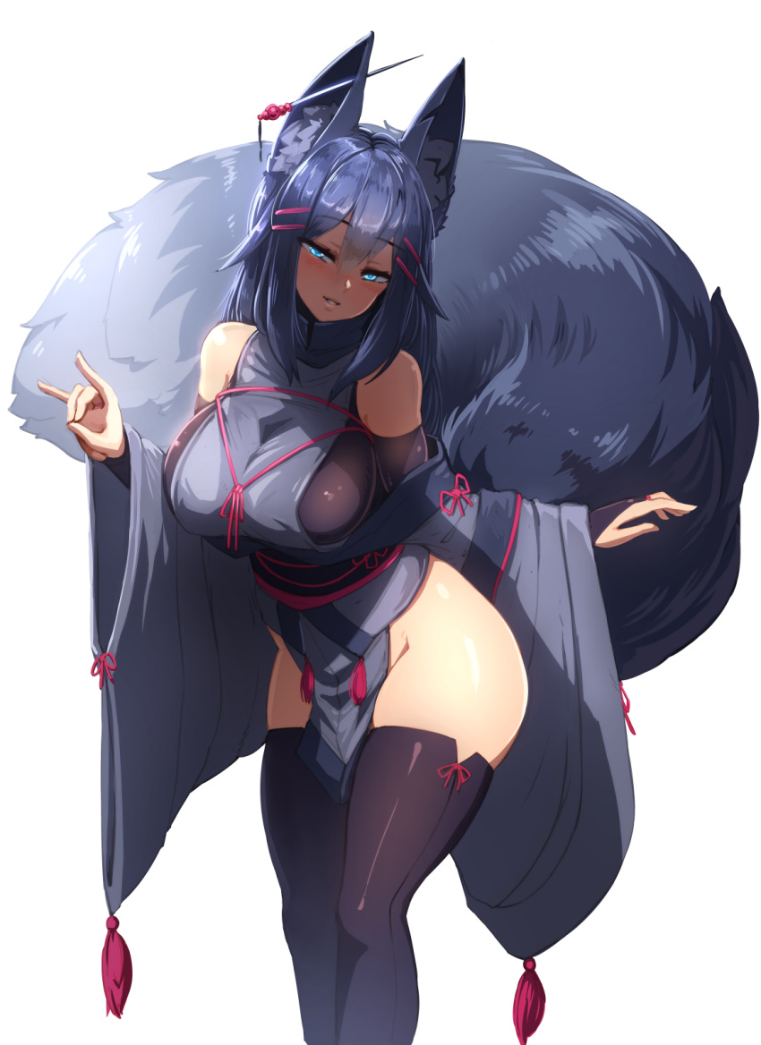 1girl, animal_ears, aqua_eyes, bangs, barbariank, bare_shoulders, black_legwear, blue_hair