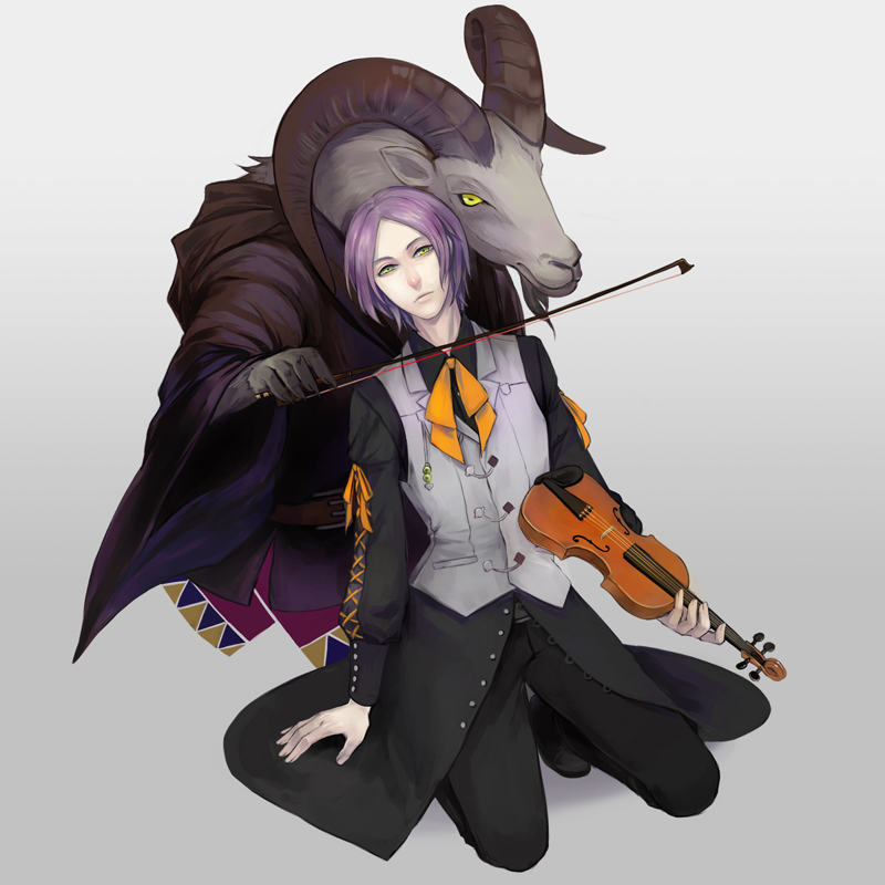 1boy, black_pants, black_shoes, bow_(instrument), expressionless, full_body, goat, instrument