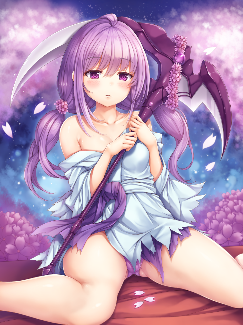 1girl, bangs, bare_shoulders, blush, breasts, cherry_blossoms, collarbone, duel_monster, eyebrows_visible_through_hair, flower, ghost_reaper_&amp;_winter_cherries, gluteal_fold, hair_flower, hair_ornament, highres, holding, holding_weapon, japanese_clothes, kimono, long_hair, looking_at_viewer, low_twintails, off_shoulder, panties, pantyshot, pantyshot_(sitting), parted_lips, petals, pink_eyes, pink_hair, pink_panties, scythe, short_kimono, sitting, small_breasts, snowcanvas, solo, torn_clothes, torn_kimono, twintails, underwear, wariza, weapon, yu-gi-oh!