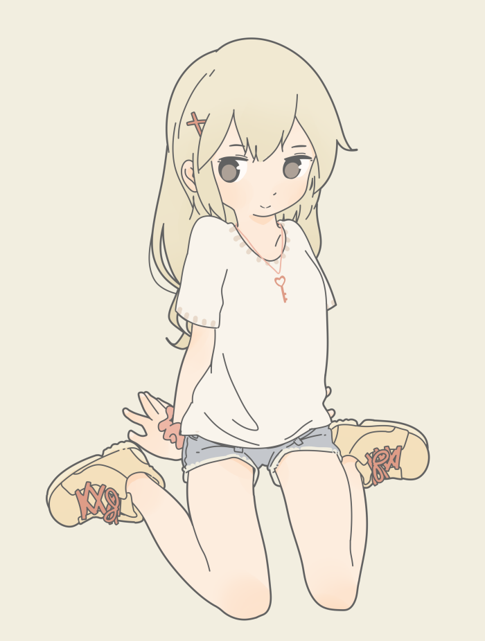 1girl, arm_support, bangs, blonde_hair, boots, brown_eyes, collarbone, hair_ornament