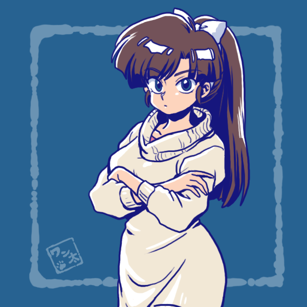 1girl, alternate_costume, bangs, blue_background, blue_eyes, blunt_bangs, border, bow