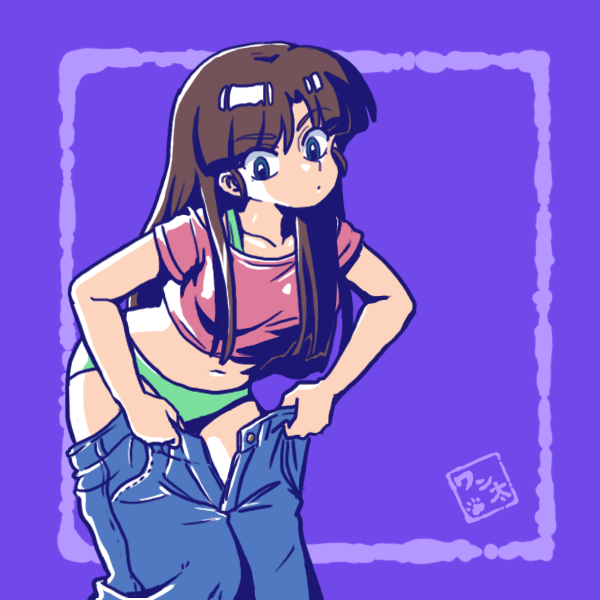 1girl, alternate_costume, alternate_hairstyle, bangs, blue_eyes, blunt_bangs, border, brown_hair