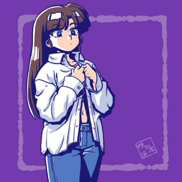 1girl, alternate_costume, alternate_hairstyle, bangs, blue_eyes, blunt_bangs, border, brown_hair