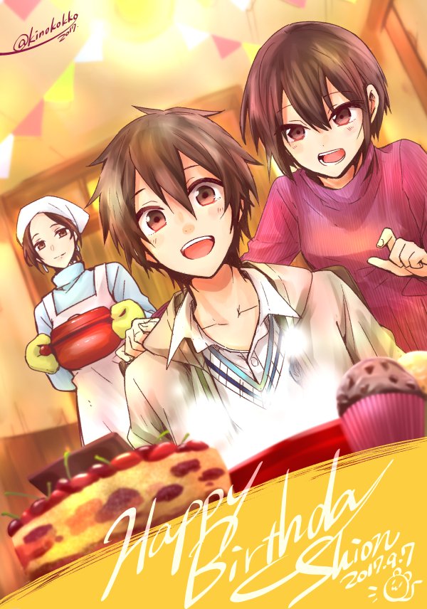 1boy, 2017, 2girls, apron, bangs, birthday, birthday_cake, brown_eyes, brown_hair, cake, collarbone, food, happy_birthday, head_scarf, karan_(no.6), kino_hinoki, mother_and_son, multiple_girls, no.6, oven_mitts, safu, shion_(no.6), short_hair, signature, smile, turtleneck