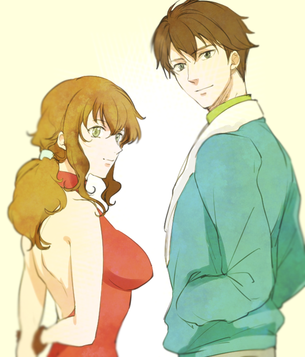 1boy, 1girl, 67k, back_cutout, backless_outfit, bangs, bare_arms, bare_shoulders, breasts, brown_hair, christina_sierra, curly_hair, from_behind, green_eyes, gundam, gundam_00, halter_top, halterneck, hands_in_pockets, jacket, large_breasts, lichtendahl_tsery, long_hair, looking_back, ponytail, short_hair, sideboob, sleeveless, smile, turtleneck