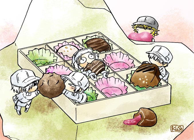 5boys, box, chibi, chocolate, eating, hataraku_saibou, killer_t_(hataraku_saibou), multiple_boys