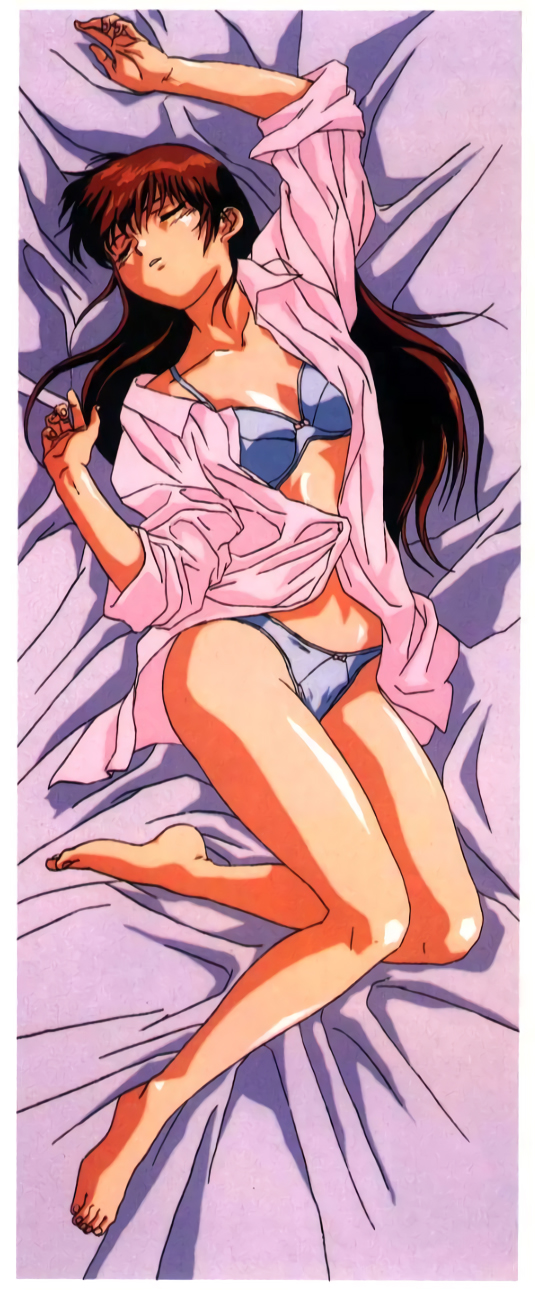 1girl, 90s, barefoot, blue_seed, bra, brown_hair, closed_eyes, fujimiya_momiji, highres, long_hair, official_art, panties, sleeves_past_wrists, solo, underwear