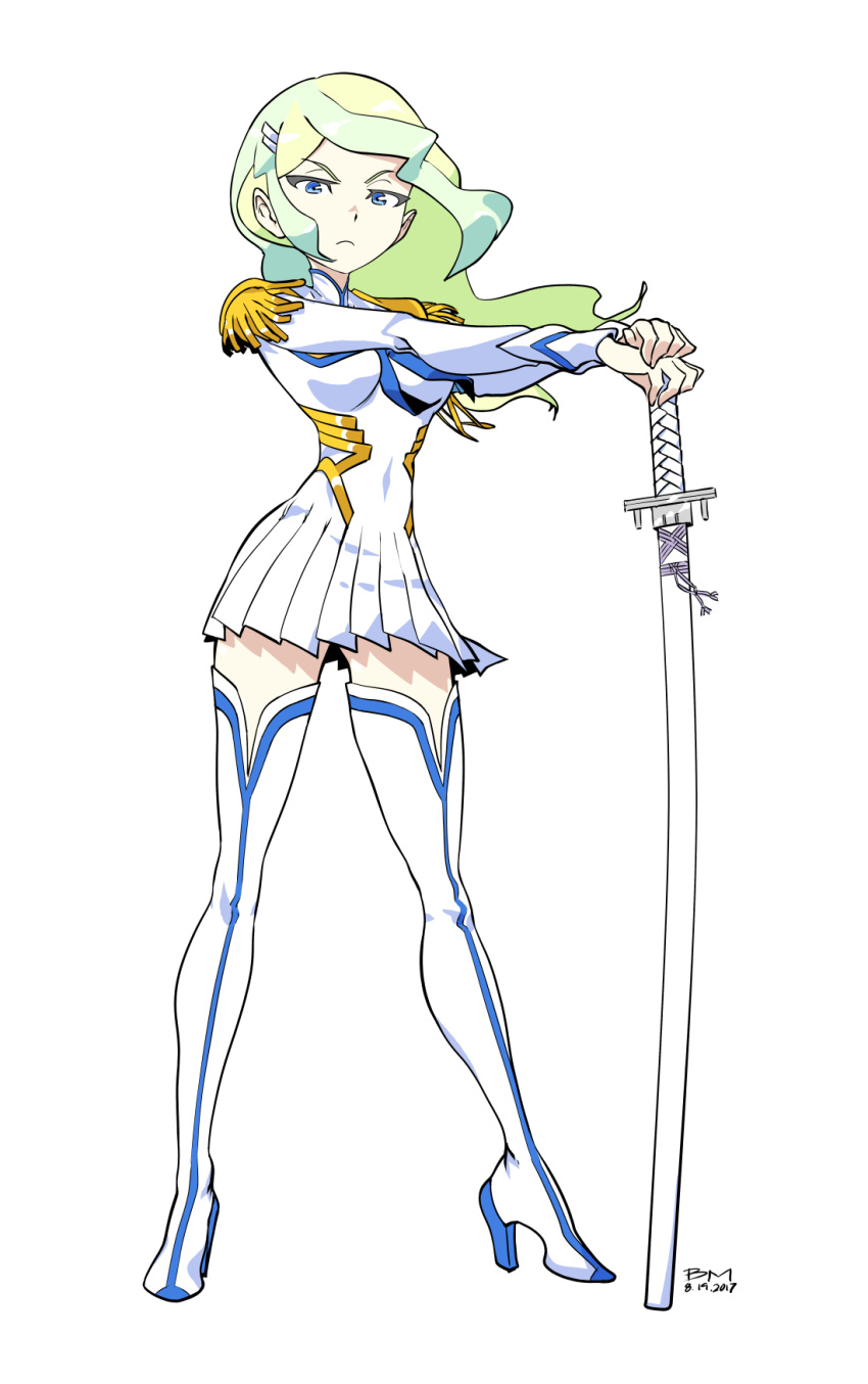 1girl, bakuzan, bearthemighty, blue_eyes, boots, breasts, cosplay, covered_navel, diana_cavendish, expressionless, full_body, hair_ornament, hairclip, half-closed_eyes, highres, junketsu, kiryuuin_satsuki, kiryuuin_satsuki_(cosplay), little_witch_academia, pleated_skirt, simple_background, skirt, solo, sword, thigh-highs, thigh_boots, weapon, white_background, white_hair, zettai_ryouiki