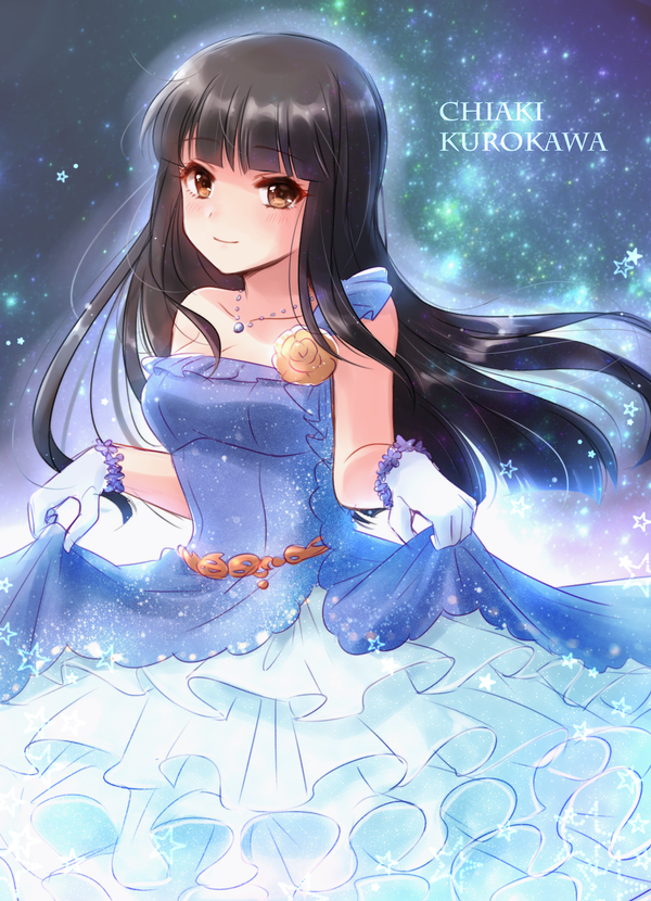 1girl, black_hair, blue_dress, breasts, brown_eyes, character_name, dress, frilled_dress