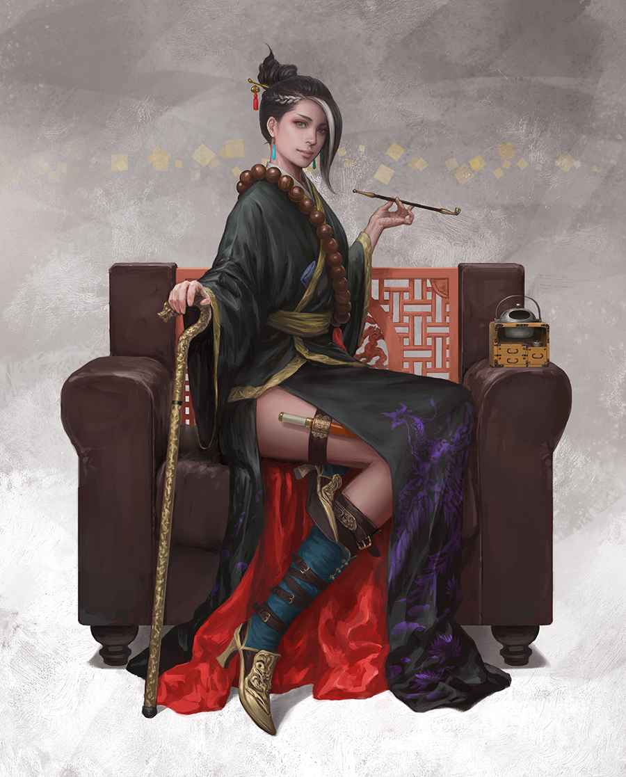 1girl, black_hair, blue_boots, boots, braid, chair, crown_braid, earrings