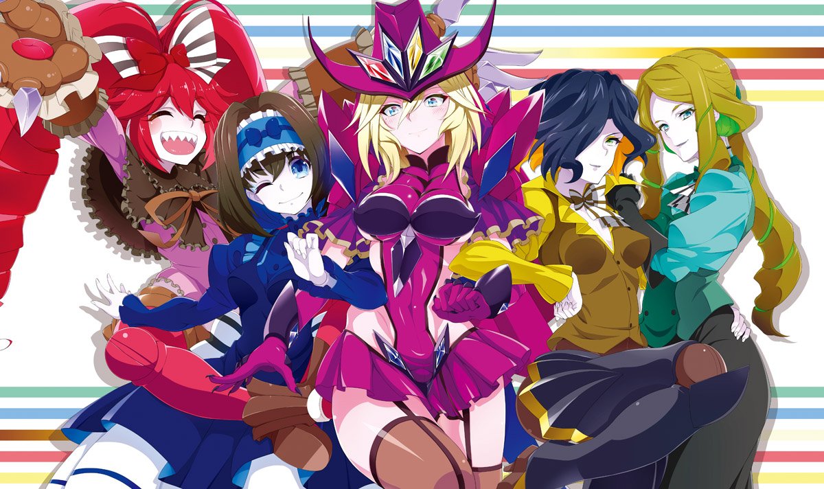 5girls, :d, antenna_hair, black_hair, blue_eyes, blue_hair, blush_stickers, brown_hair