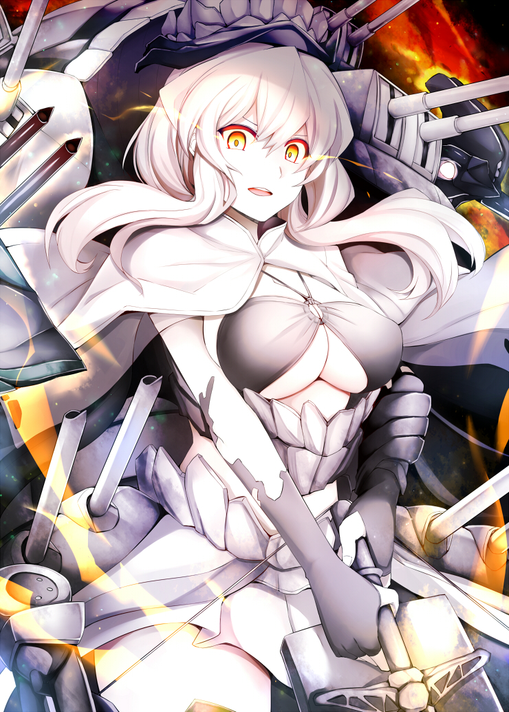 1girl, breasts, european_hime, glowing, glowing_eyes, holding, holding_sword, holding_weapon, kantai_collection, large_breasts, long_hair, machinery, open_mouth, rui_shi_(rayze_ray), shinkaisei-kan, solo, sword, turret, weapon, white_hair, yellow_eyes