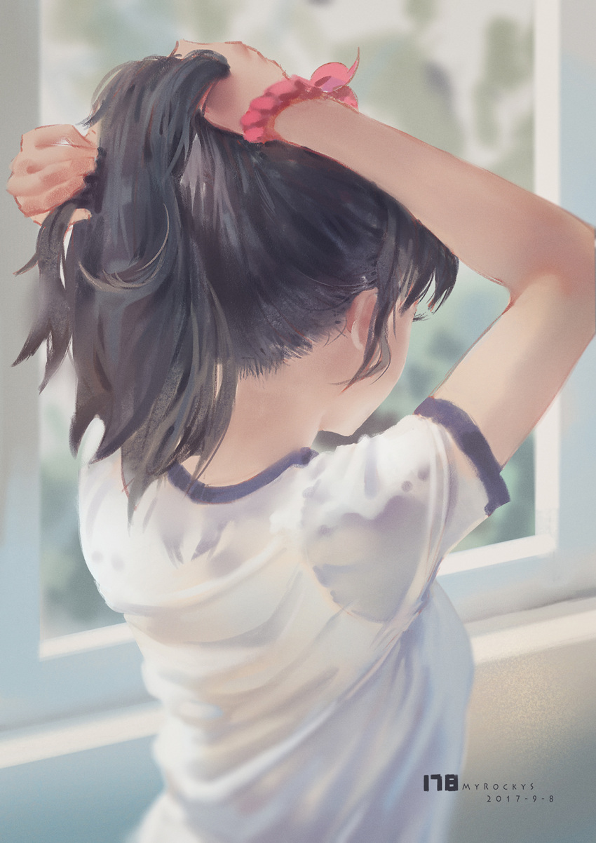 1girl, back, black_hair, breasts, gym_uniform, highres, original, ponytail