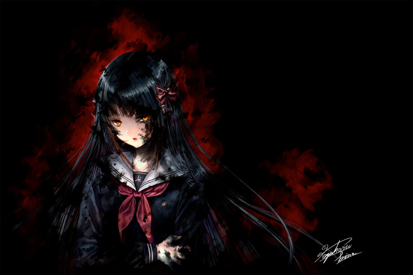 1girl, black_hair, black_serafuku, iwaihime, kazuharu_kina, long_hair, looking_at_viewer, school_uniform