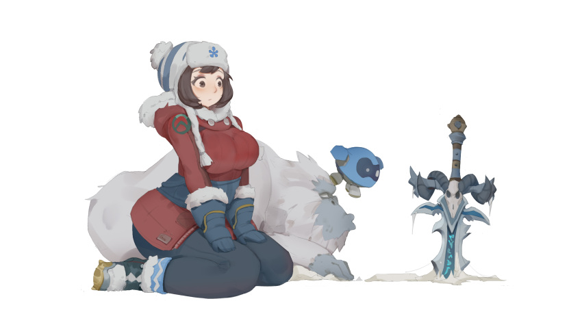 1boy, 1girl, all_fours, alternate_costume, boots, coat, company_connection, frostmourne