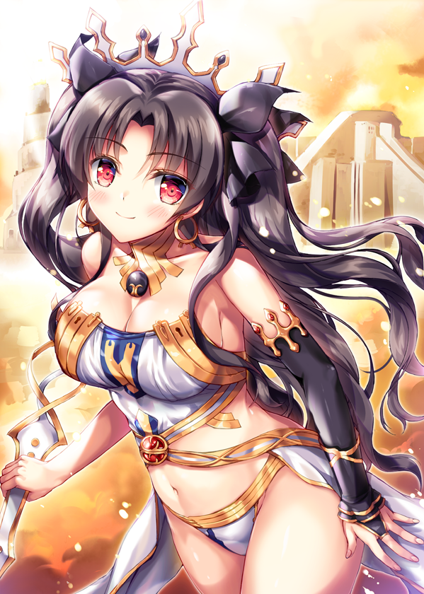 1girl, alternate_breast_size, bare_shoulders, black_hair, blush, breasts, bridal_gauntlets, cleavage, crown, earrings, elbow_gloves, fate/grand_order, fate_(series), fukase_ayaka, gloves, hair_ribbon, hoop_earrings, ishtar_(fate/grand_order), jewelry, large_breasts, long_hair, looking_at_viewer, midriff, navel, red_eyes, ribbon, single_elbow_glove, smile, solo, tohsaka_rin, two_side_up
