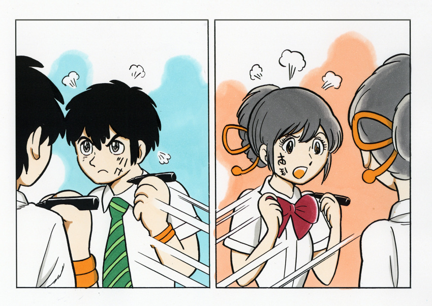>:(, 1boy, 1girl, alternate_eye_color, angry, black_hair, brown_eyes, comic, commentary_request, face_painting, grey_eyes, hair_ribbon, highres, kimi_no_na_wa, looking_at_mirror, marker, mirror, miyamizu_mitsuha, open_mouth, parody, red_ribbon, ribbon, style_parody, tachibana_taki, tanaka_keiichi, tezuka_osamu_(style)