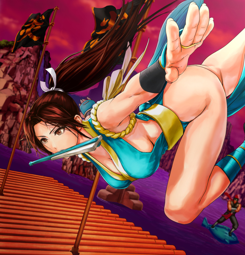 1girl, alternate_color, armpits, breasts, brown_eyes, brown_hair, cleavage, closed_fan