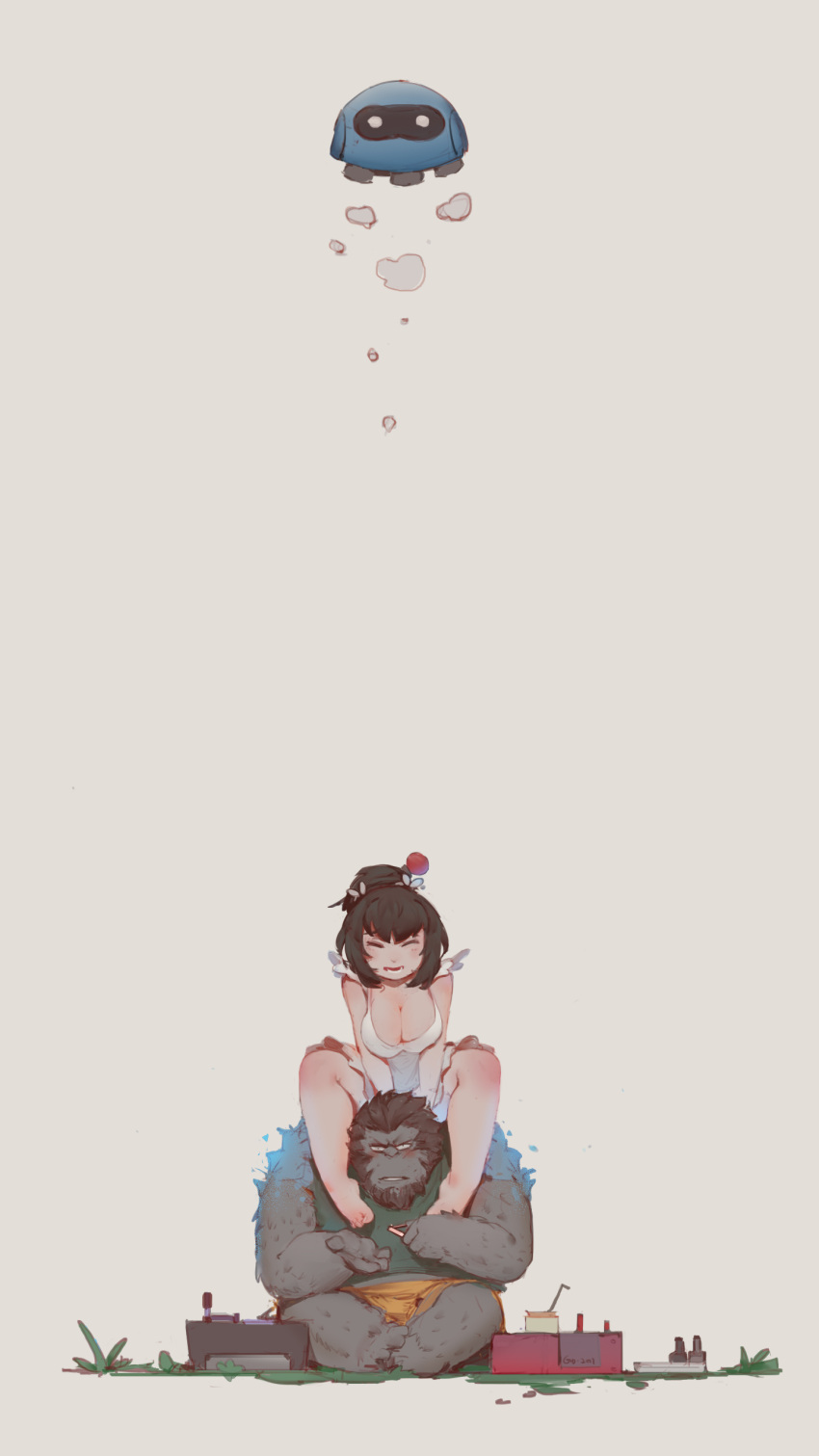 1boy, 1girl, absurdres, barefoot, black_hair, blush, breasts, casual
