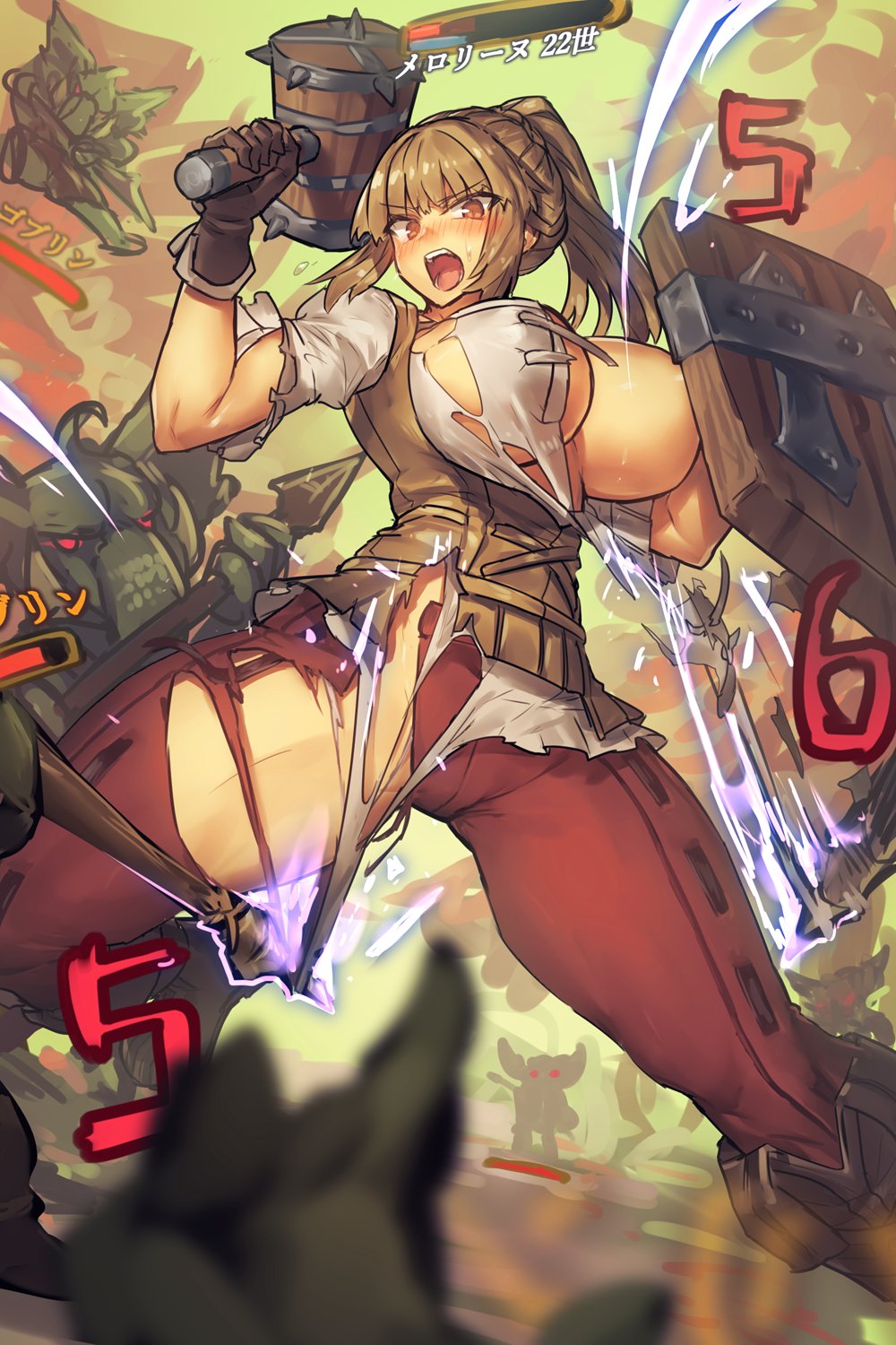 1girl, blonde_hair, blush, gloves, goblin, hammer, highres, long_hair