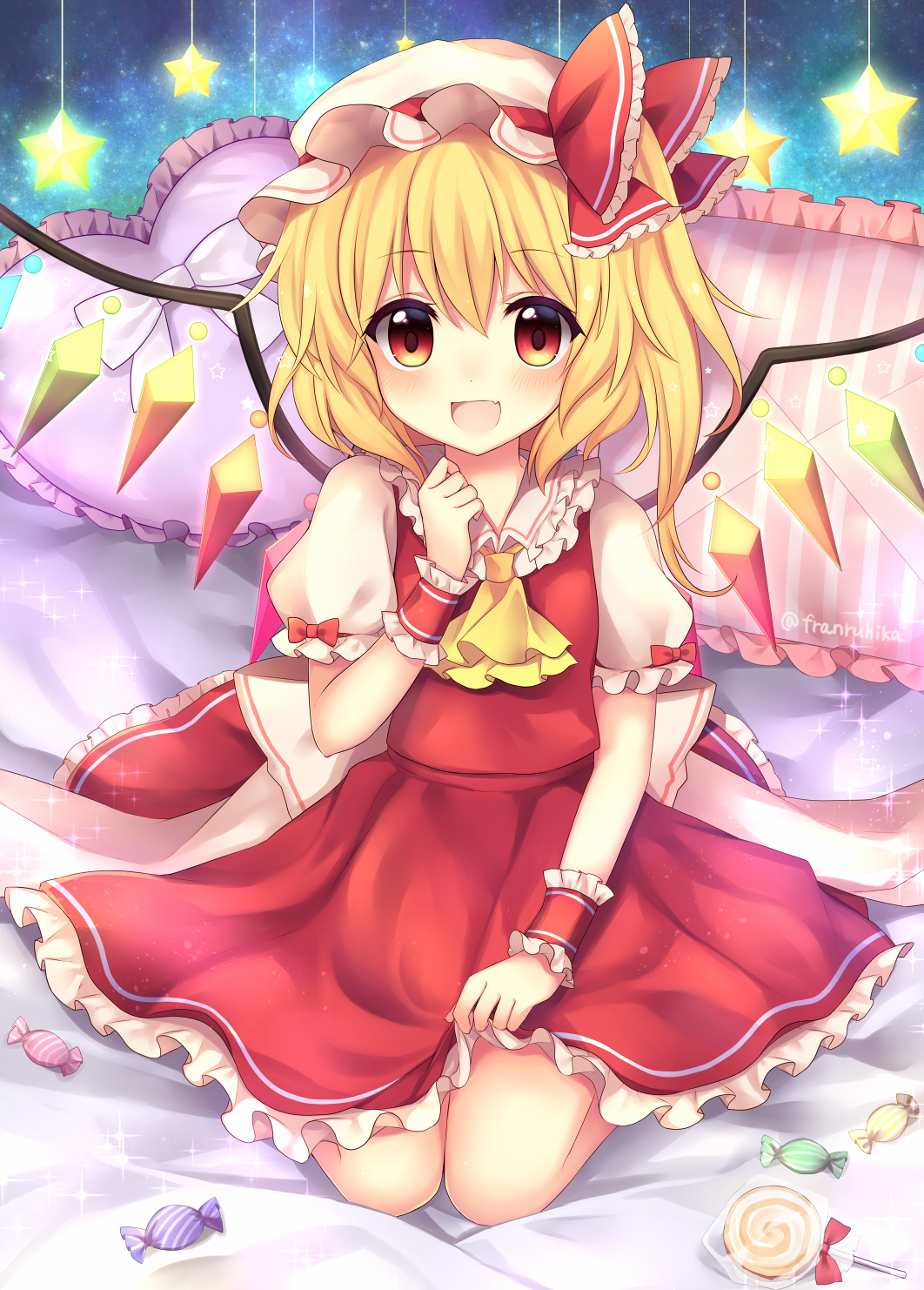 1girl, :d, ascot, bangs, bed, blonde_hair, bow, candy