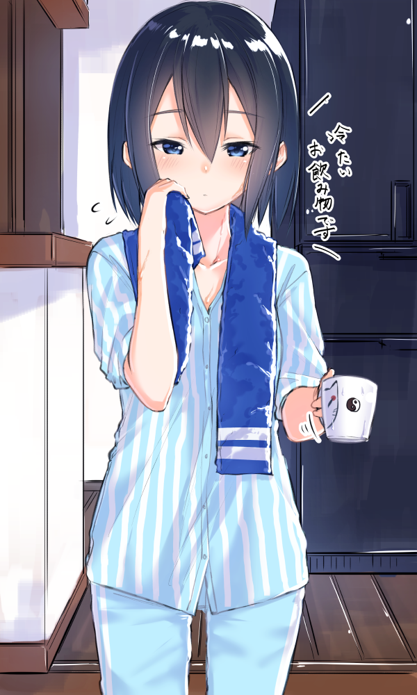 1girl, bangs, blue_eyes, blue_pajamas, blue_pants, blue_shirt, blue_towel, breasts